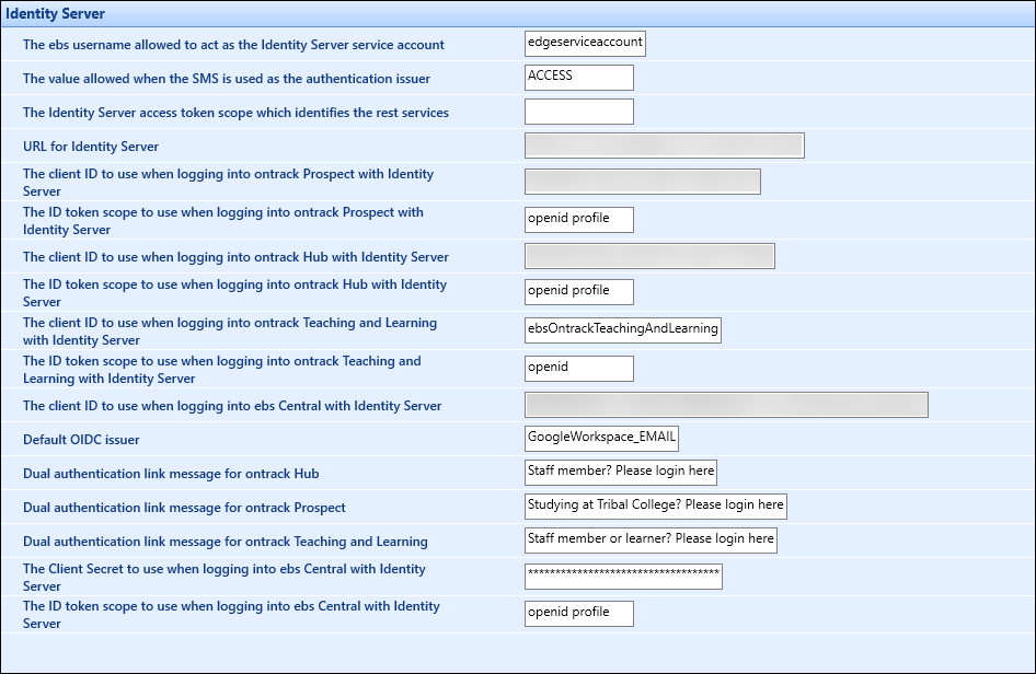 Identity Server screen in institution settings